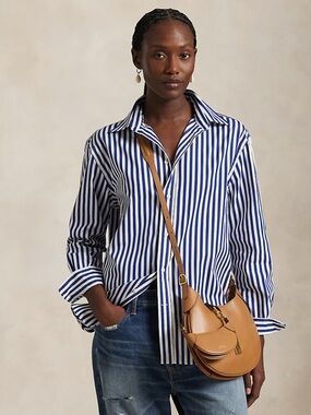 Zara Navy and White Vertical Stripe Button-Down Shirt